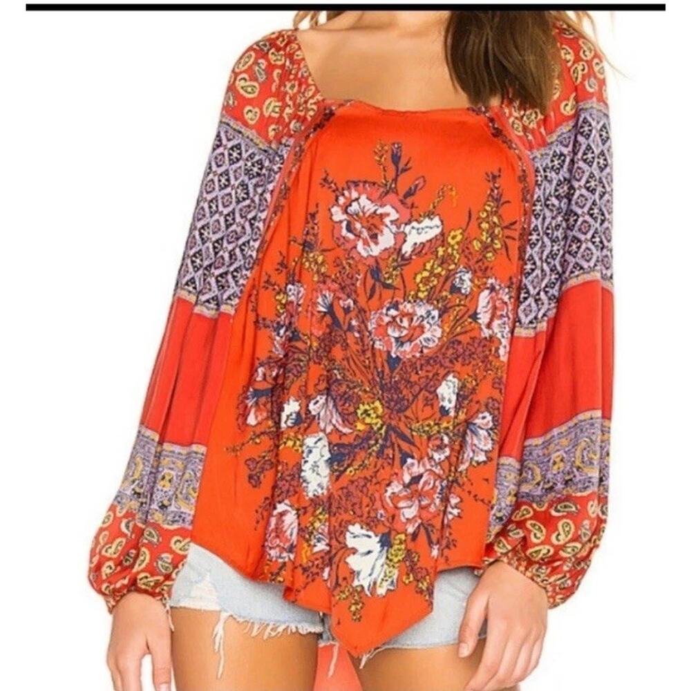Free People Positano Women’s Top Size M Boho Peasant Orange Patchwork Floral